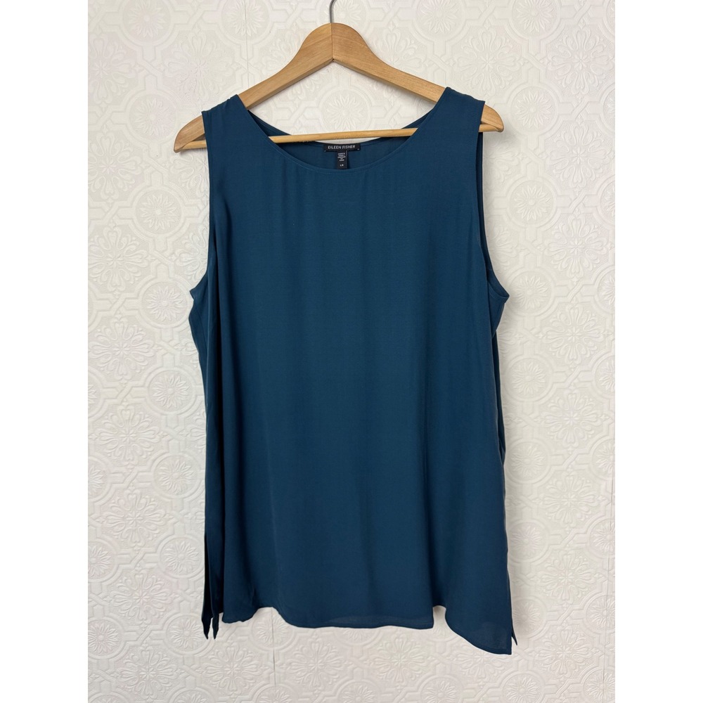 Eileen Fisher 100% Silk Teal Blue Sleeveless Scoop Neck Tank Top Large